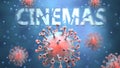 Covid and cinemas, pictured as red viruses attacking word cinemas to symbolize turmoil, global world problems and the relation