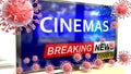 Covid, cinemas and a tv set showing breaking news - pictured as a tv set with corona cinemas news and deadly viruses around