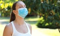 COVID-19 Close up of young sporty woman with surgical mask breathing in the park