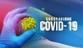 COVID-19 concept, virus molecule in specialist hand, infection in russian region, flag images concept - Flag of Ust-Orda