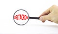 Covid-19 corona deltacron symbol. The concept word Deltacron. Magnifying glass. Doctor hand. Beautiful white table, white