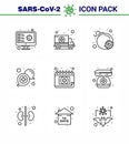 Covid-19 icon set for infographic 9 Line pack such as appointment, online, transport, medical, chat