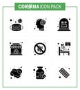 COVID19 corona virus contamination prevention. Blue icon 25 pack such as bacteria, sign, brain, shop, rip