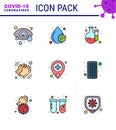 Coronavirus Prevention Set Icons. 9 Filled Line Flat Color icon such as location, care, chemical, dry, medical