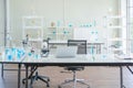 Covid-19 or corona virus lab or laboratory, empty room, interior with blue test tube vaccine in clinic or hospital in technology Royalty Free Stock Photo