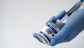 Covid-19 Corona Virus 2019-ncov vaccine vials medicine drug bottles syringe injection blue nitrile surgical gloves. Vaccination,