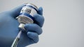 Covid-19 Corona Virus 2019-ncov vaccine vials medicine drug bottles syringe injection blue nitrile surgical gloves. Vaccination,