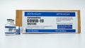 Covid-19 Corona Virus 2019-ncov vaccine vials medicine drug bottles syringe injection box. Vaccination, immunization, treatment to