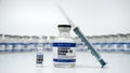 Covid-19 Corona Virus 2019-ncov vaccine vials medicine drug bottles syringe injection. Vaccination, immunization, treatment to