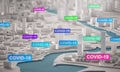 Covid-19 Corona Virus Spreading Across City. 3D Rendering Aerial View Miniature City Buildings