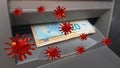Covid-19 coronavirus on atm money euro 20 and 50 banknotes take withdraw economy - 3d rendering Royalty Free Stock Photo