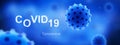 COVID-19 coronavirus banner with germs and inscription COVID on blue, 3d illustration. Microscopic view of SARS-CoV-2 corona virus