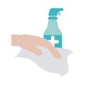 Covid 19 coronavirus, cleaning with disinfecting wipes and spray, prevention outbreak disease pandemic flat design icon