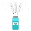 Flat icon three syringes in a vial with a vaccine. Isolated on a blue background. Copy space. Place for text.