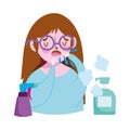 Covid 19 coronavirus, coughing girl with disinfectant products