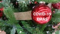 Covid-19 coronavirus covid xmas christmas tree ornaments star red balls xmas background