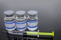 Covid-19, CoronaVirus drug vaccine vials, medicine bottles, syringe injection. SARS-CoV-2 Vaccination, immunization, treatment to Royalty Free Stock Photo