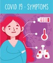 Covid 19 coronavirus infographic, character with symptoms cold fever and cough