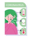 Covid 19 coronavirus infographic, girl cover mouth with hand symptoms