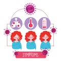 Covid 19 coronavirus infographic, girl with fever fatigue and cough symptoms
