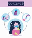 Covid 19 coronavirus infographic, girl with medical mask, prevention