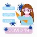 Covid 19 coronavirus infographic, girl with medical mask, , symptoms