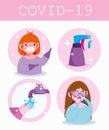 Covid 19 coronavirus infographic, people prevention tips, symptoms illness