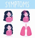 Covid 19 coronavirus infographic, people symptoms, headache, cough and chest pain