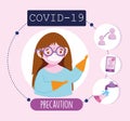 Covid 19 coronavirus infographic, precaution girl with mask, washing hands, social distancing