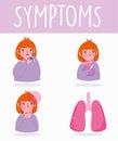 Covid 19 coronavirus infographic, symptoms sore throat, shortness of breath, respiratory