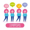 Covid 19 coronavirus infographic, woman symptoms cough headache a sore throat and cold