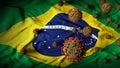 COVID-19 Coronavirus Molecules on Brazilian Flag - Health Crisis with Rise in COVID Cases - Brazil Virus Pandemic Royalty Free Stock Photo