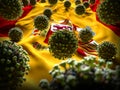 COVID-19 Coronavirus Molecules on Spanish Flag Closeup - Spain Health Crisis Response with Rise in COVID Cases Royalty Free Stock Photo