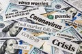 Covid-19 coronavirus newspaper headlines clippings on United States of America 100 dollar bills.
