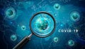 Covid-19. Coronavirus Outbreak Design with Virus Cell and Magnifying Glass in Microscopic View on World Map Background Royalty Free Stock Photo