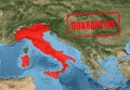 COVID-19 coronavirus outbreak in Italy, spread of corona virus in world. Quarantine with COVID-19 on Europe map Royalty Free Stock Photo