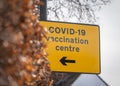 Covid-19 Coronavirus pandemic vaccination testing centre yellow information road sign for public going to get vaccinated arrow