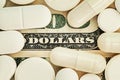 Covid-19 coronavirus pills Medicines costs dollars are scattered across the hundred dollar bills. A handful of pills on Royalty Free Stock Photo