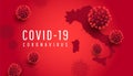 Covid-19 coronavirus quarantine horizontal banner with 3d virus infected cells and globe Italy map on red background