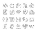 Covid 19 coronavirus social distancing prevention, outbreak spreading vector line style icons set