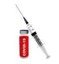 Covid-19 coronavirus vaccination, syringe injection bottle red liquid neddle isolated  pharmacy background - 3d rendering Royalty Free Stock Photo