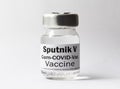 COVID-19 coronavirus vaccine Sputnik V on white background, bottle with Russian vaccine for SARS-CoV-2 corona virus cure