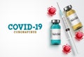 Covid-19 coronavirus vaccine treatment vector background. Covid19 vaccine bottle