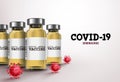 Covid19 coronavirus vaccine vector banner. Covid-19 text and vaccine bottles in white background