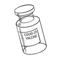 COVID-19 coronavirus vaccine vial icon illustration with text inscriprion, doodle and scetch, vaccination