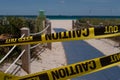 Covid 19 coronaviruse disease, health risk. View from the Miami Beach beachfront to turquoise ocean with blue sky