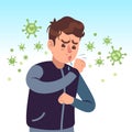 Covid-19. Coughing man surrounded by coronavirus germ. Protect yourself, healthcare prevention medical, self hygiene Royalty Free Stock Photo