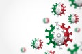 COVID-19 . 3D floating corona virus with Italy flag on gray vignette background with copy space at left area for fill text .