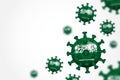 COVID-19 . 3D floating corona virus with Saudi arabia flag on gray vignette background with copy space at left area for fill text