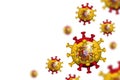 COVID-19 . 3D floating corona virus with Spain flag on white isolated background with copy space at left area for fill text .